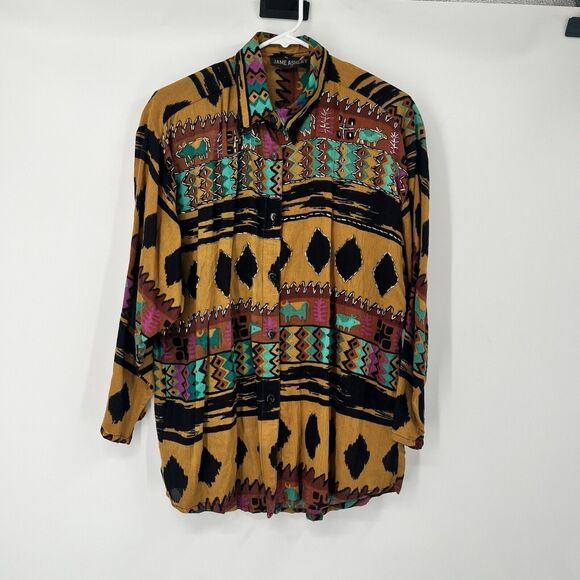 VTG Jane Ashley Gauze Top Blouse Button 3/4 Sleeves Beaded Western Aztec Artwear - Picture 1 of 15
